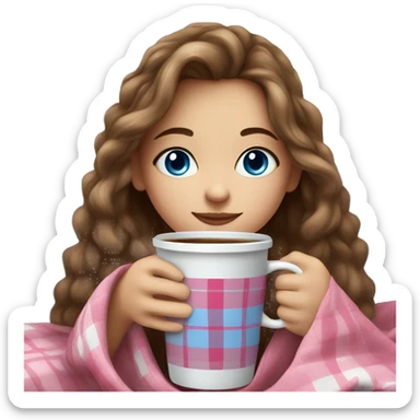 cute brown haired girl with long hair wrapped in pink plaid blanket drinking coffee blue eyes sticker