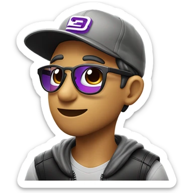 logo ilustrado , estilo emote. chico pelo negro, con gorra de beisbol con el logo de twitch. chamarra gris, con lentes de ver. sosteniendo un corazon enamorado sticker
