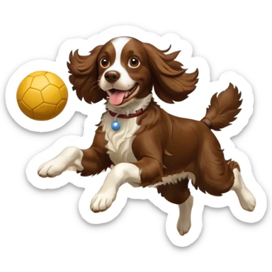brown English springer spaniel jumping for joy on a Northumberland beach with a bag of balls sticker