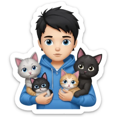 generate a pretty fair bratz boy with black messy hair holding 3 cats.  Wearing a grey hoodie sticker