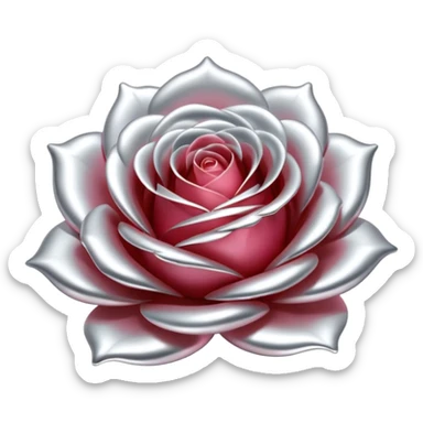 A rose emoji made of liquid silver metal, smooth metallic petals, reflective chrome surface, soft gradients, elegant shape, minimalistic iOS emoji style, centered, clean white background, realistic highlights, no text sticker