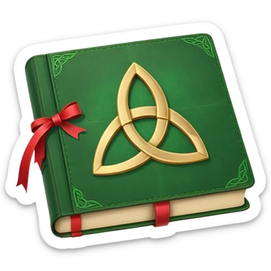 a green closed book with a golden triquetra on it with a red ribbon between the paged sticker