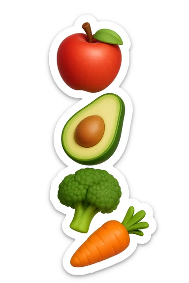 emoji stile iphone in 3d di cibo sano che fluttua in aria vericalmente, iperrealistico 4k sticker