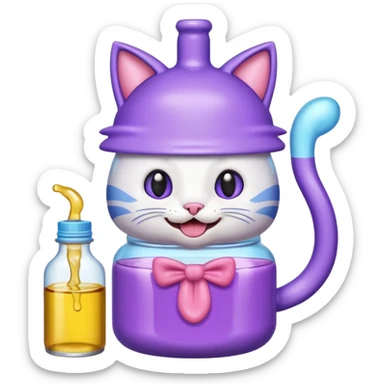 Smiling bottle of oil light purple top and light blue sticking tongue out and with cat ears sticker