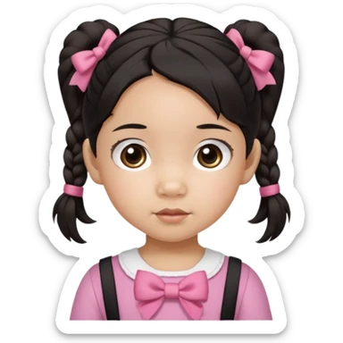 mixed toddler girl asian and american with bow pigtails, dark brown/black hair with big brown eyes emoji sticker