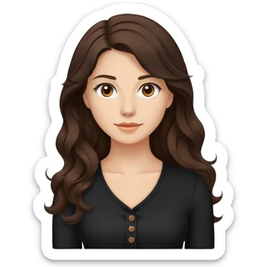 27 year old Caucasian woman with fair skin, brown eyes, long wavy dark brown hair, wearing a black top with a button sticker