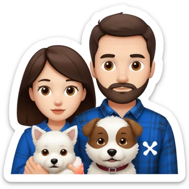 scottish man with stubble, brunette woman and white fluffy dog sticker