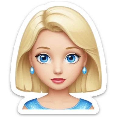 make this real, blond, medium length, blue eyes, 50s, sparkle in the eyes, fun sticker