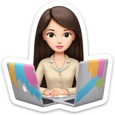 Barbie girl with a long straight dark brown hair inside a pale beige clothes working MacBook  sticker