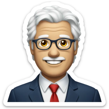 A fat older man, white hair, with glasses, no beard, smiling with teeth, and wearing a navy blue suit and red tie sticker