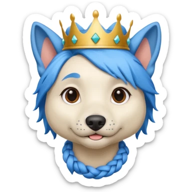 blue haired dog with braided hair and a crown sticker