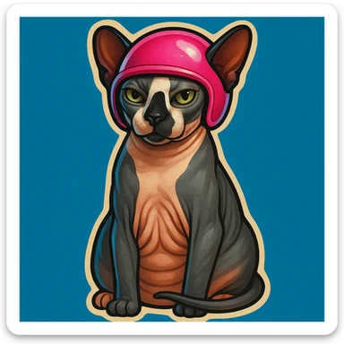 Canadian Sphynx cat with coloring as in the photo, sticker style, with a blue background, with a pink helmet sticker