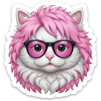 White cat wearing pink curly wig, black sunglasses, black T-shirt sticker