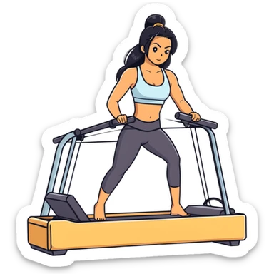 woman with tanned skin, long black hair, wearing a sports bra, doing exercise on a Pilates reformer machine sticker