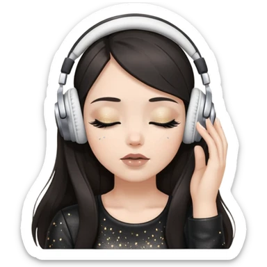 Girl with long dark hair, fair skin tone, wearing a black leather top, has glitter on her eyelids, and taupe lipstick, wearing white headphones, her hands are on her ears, and her eyes are close sticker