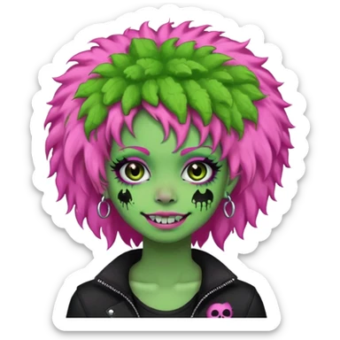 girl, green zombie,pink afro, long, emo, shaggy, dark, spooky,double eyebrow dermal piercing, cute illuminous smile sticker