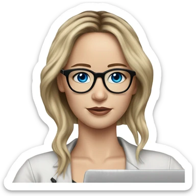Realistic Photo of Brunette Jennifer Lawrence wearing black glasses and blue eyes  on a laptop  sticker