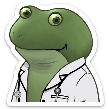 bufo frog in a doctor's coat, sad expression, facing forward sticker