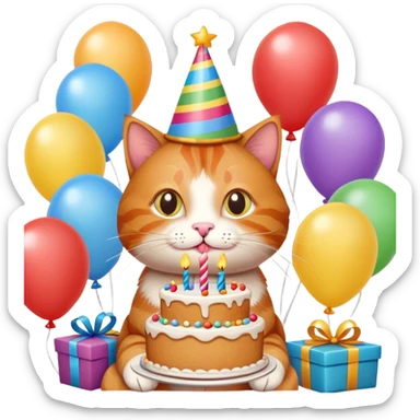 Ginger cat celebrates birthday, birthday hat, birthday cake, balloons, happy, gifts sticker