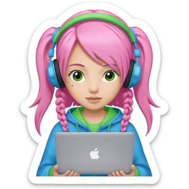 Create an emoji of a woman with long pink twin-tail hair. She is a game streamer, wearing green headphones, holding a MacBook, and dressed in a blue outfit. sticker