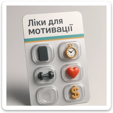 Create an ironic 3D illustration of blister pack tablets in the style of a pharmacy product, but with a satirical twist.
Instead of regular capsules, there should be miniature symbolic objects inside that represent a ‘cure’ for a specific modern problem, condition, or desire.
Title: "Ліки для мотивації". sticker