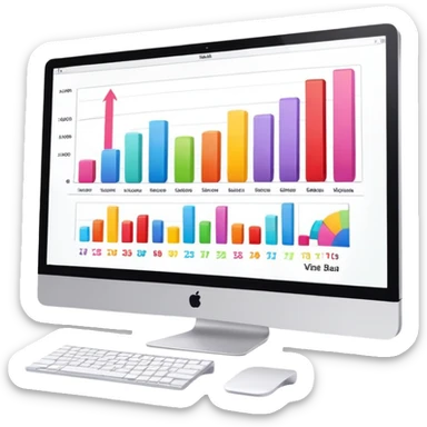 iMac computer with bar charts and beauty products inside the screen sticker