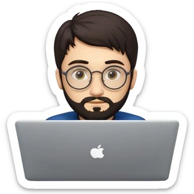 23 year old Azerbaijani man with very dark brown hair and beard with glasses and laptop , light yellow skin face, not European, glasses like a harry potter sticker