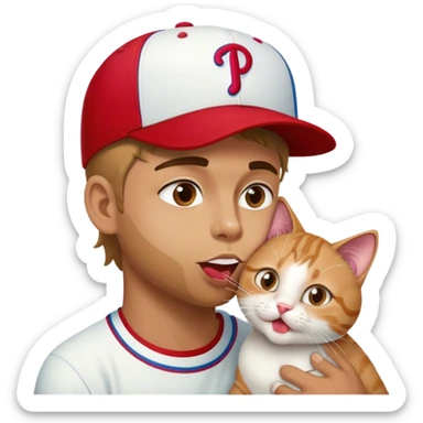 A guy wearing a Phillies hat licking a cat sticker
