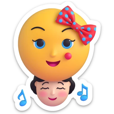 3D smiley emoji, large eyelashes, red polka dot bow, sleepy, half-closed eyes, blue eyes, musical notes sticker
