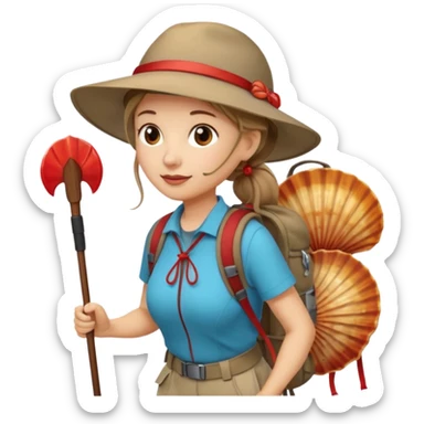 Middle aged women, long brown ponytail with wide brim hiking hat. With backpack and trekking poles. Backpack has a scallop shell with the cross of saint james hanging from it.  Remove the cross and add a scallop shell on a red string hanging from the backpack  sticker