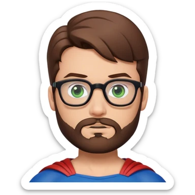 Superman with brown hair, a beard, and glasses on. Eyes are green rolling eyes sticker