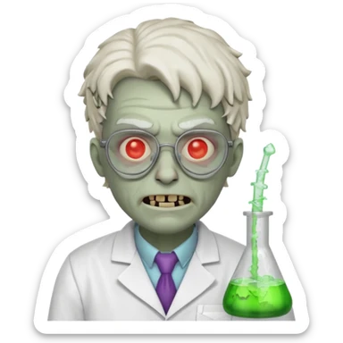 mad experiment zombie scientist portrait, head and shoulders only, exposed brain glow, broken glasses, evil grin, horror lab vibe, 3D cartoon, mobile game icon style, clean background, no text, no watermark
 sticker