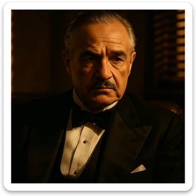 1940s Italian-American mafia boss, older man with slicked-back grey hair and mustache, in a black tuxedo and bow tie, sitting in a dimly lit room. Warm cinematic lighting, dramatic shadows, blinds casting stripes on the wall, close-up portrait. sticker