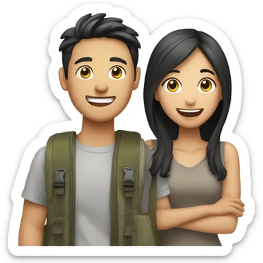 Attractive young  Asian couple excitedly traveling  sticker