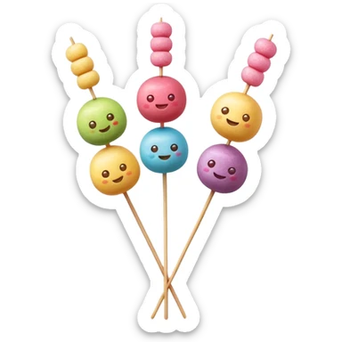 Dango Cinematic Realistic Dango Dessert Emoji, depicted as a skewer holding three colorful rice dumpling balls in different hues, rendered with delicate textures and soft, inviting lighting. sticker