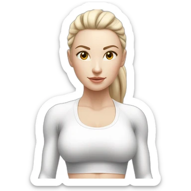 Pale skinned fit woman In a white tight yoga suit With ash blonde hair in a ponytail and gray eyes doing yoga sticker