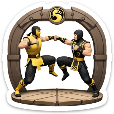 An icon showing two fighters in combat poses, inspired by Mortal Kombat. One character delivers a powerful kick, while the other blocks. The background features an iconic arena from the game with life bars at the top, symbolizing intense battles. Transparent background. sticker