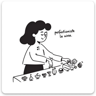 hand-drawn doodle of a perfectionist organizing objects in a straight line, neat and tidy, with text 'perfectionniste' sticker