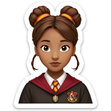 Angelina Johnson in harry potter, wear hogwarts gryfindor uniform,  thick, brown knot bun hair , reflecting her bold, stylish, and strong personality sticker