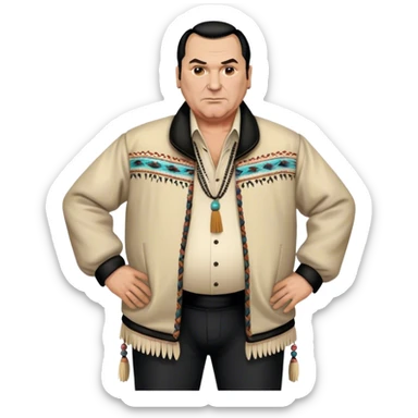 unhealthy steven segal full-body balding with ponytail. pot belly. native american style jacket-with-tassles black pants big belly sticker