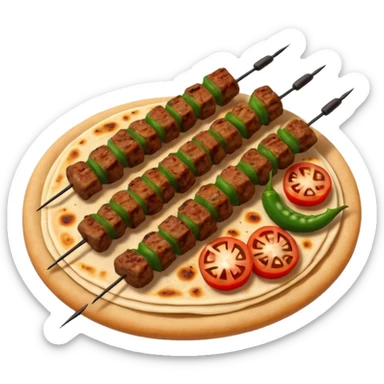 Adana kebab object icon, spicy grilled minced meat skewer, served on flatbread, grilled tomatoes and green peppers on the side, smoky char marks, juicy texture, 3D cartoon, mobile game icon style, centered, clean background, no text, no watermark
 sticker