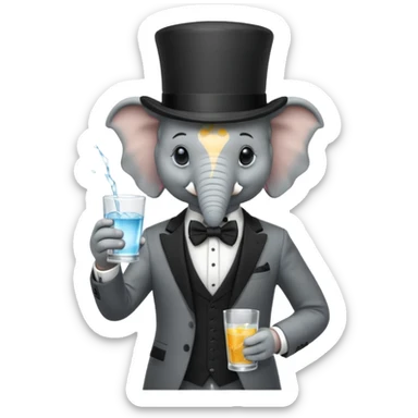 elephant wearing suit, bowtie and top hat, holding glass of water sticker