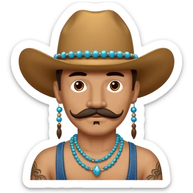 mustached cowboys with tattoos on face and bead sticker
