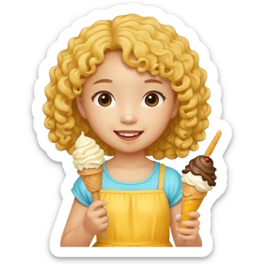 a little asian girl kid with curly hair, yellow dress, eat ice cream sticker
