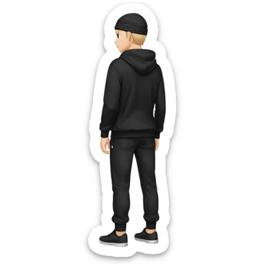 fullbody Mysterious shy caucasian man in black hoodie on head, hands in pockets and black pants rear backview sticker