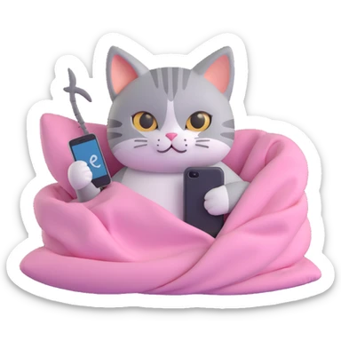 Create a 3D iOS-style illustration of a cute cat with brown and gray ears, lying in pink blankets and holding a phone with a fishbone on it. The style should be soft, rounded, and glossy, similar to Apple 3D emoji aesthetics. sticker