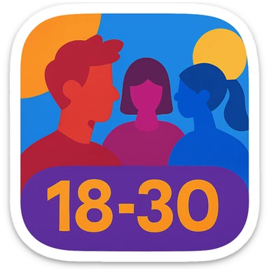 Discord role icon for 18-30 year olds, abstract shapes or silhouettes of young adults, energetic and modern look sticker