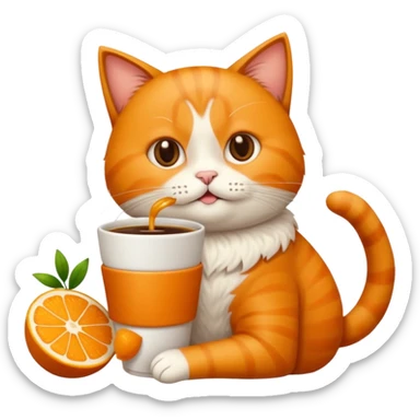 Gato naranja aún lado de un café frio tomando el popote con sus patitas sticker