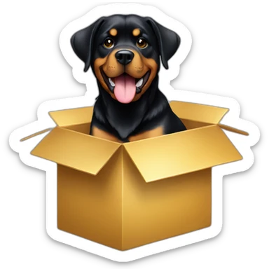 A Rottweiller with a golden in box sticker