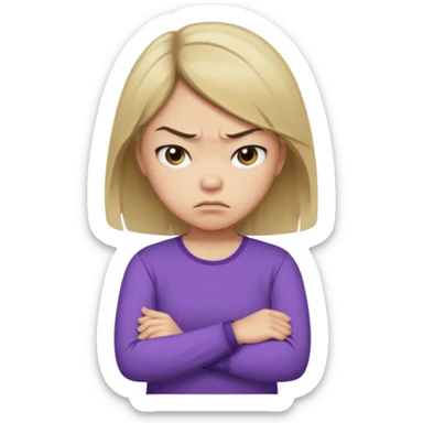 Angry Pouty girl with small asian eyes folding arms in a purple longsleeve shirt she has fair skin and medium length brown hair with blonde sticker